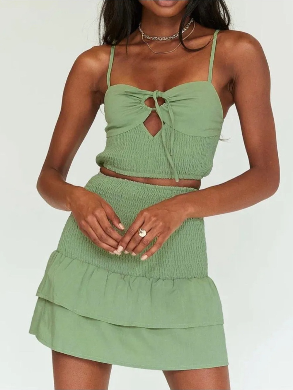 Princess Polly Sage Green Smocked Tiered Mini Skirt Set